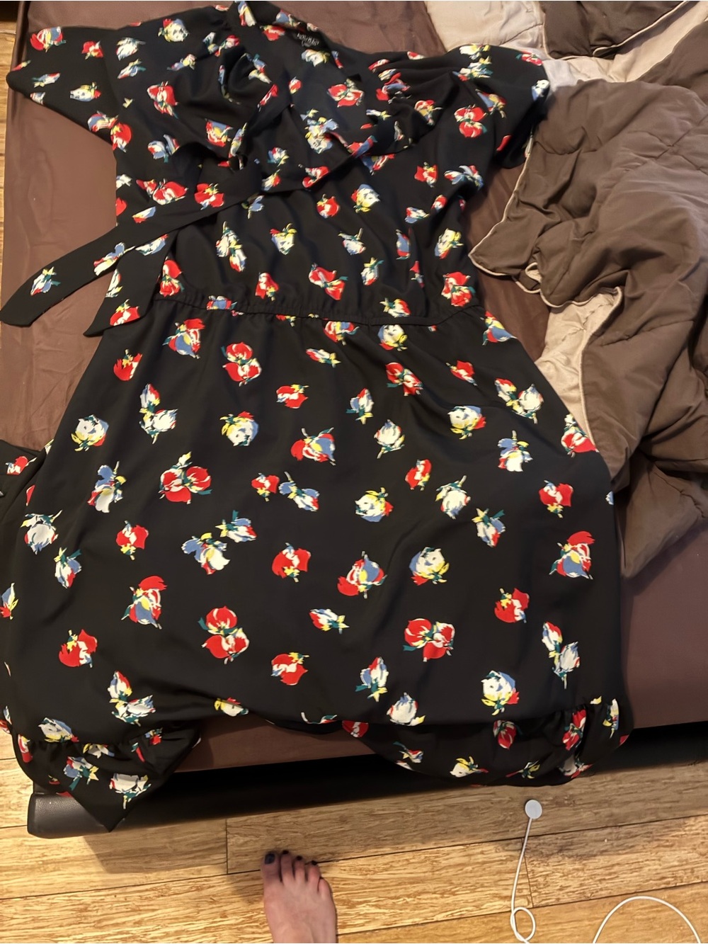 Ralph Lauren Black Midi Dress with Red, White and Blue Floral Print